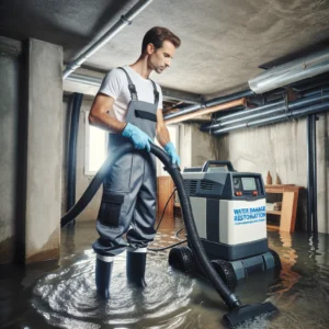 water damage restoration expert in a flooded basement